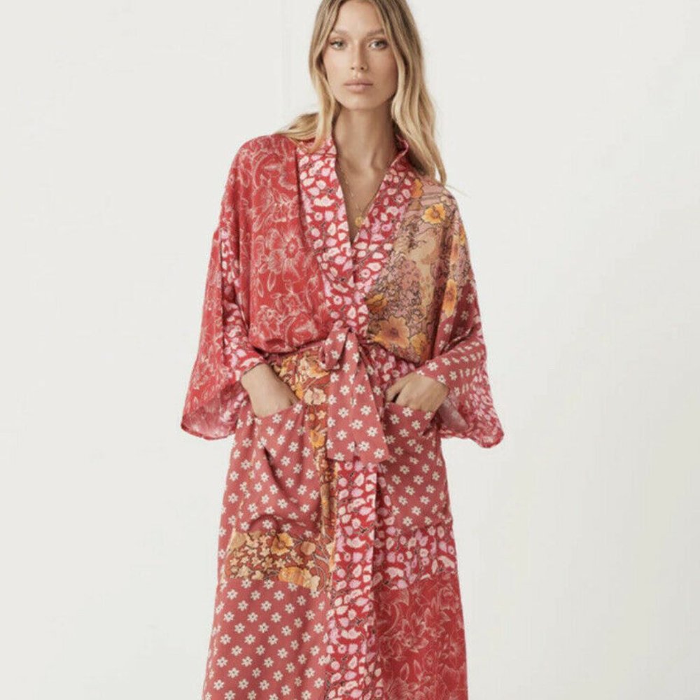 Spell Asymmetrical Patchwork Maxi Dress in Red and Mustard